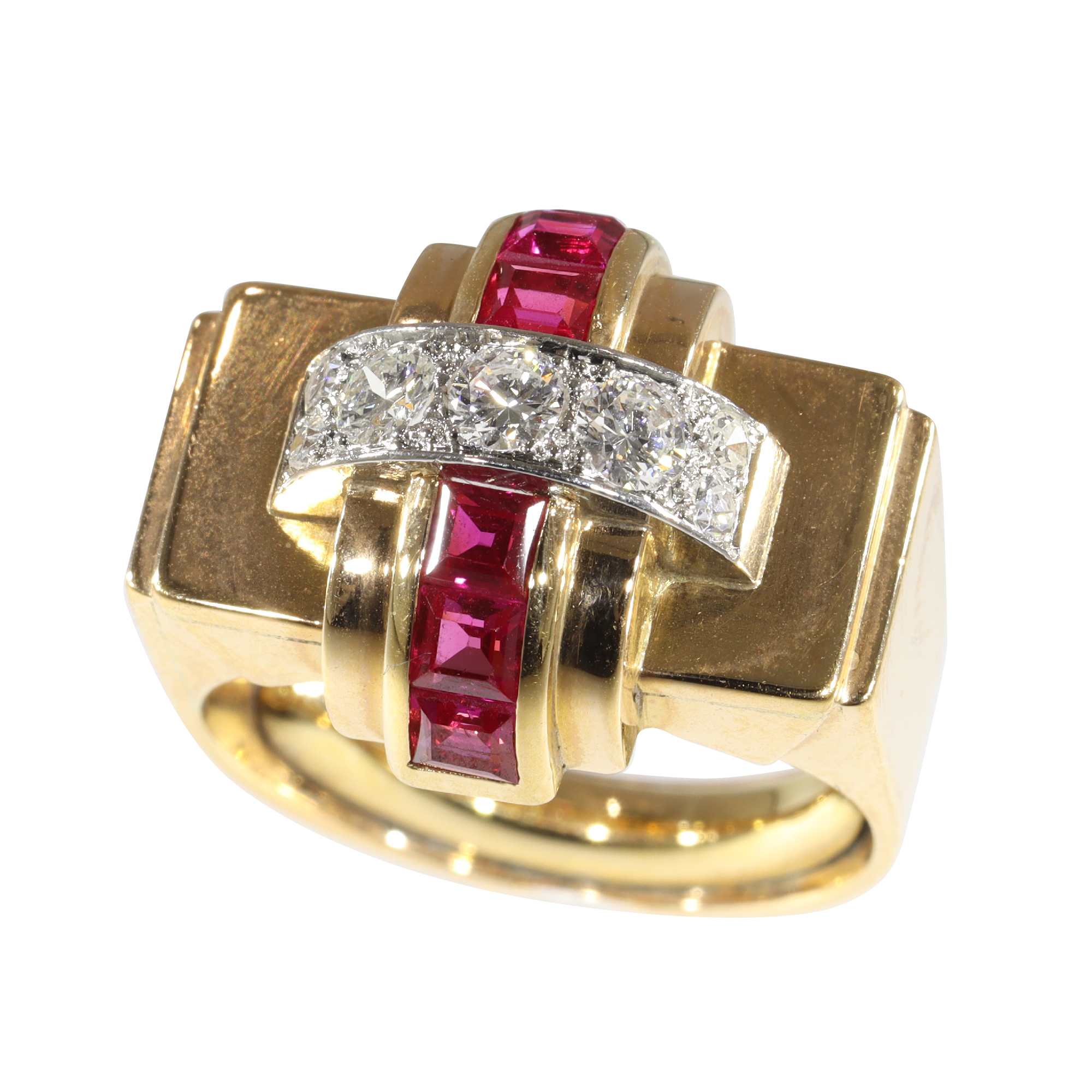 Stylish Retro red gold Cocktail ring with diamonds and rubies